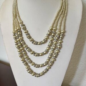 Elegant 5-Strand Faux Pearl & Rhinestone Statement Necklace